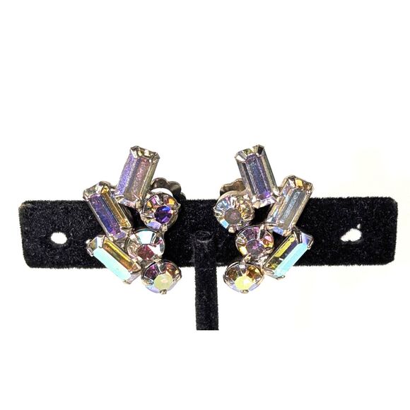 Vintage AB Rhinestone Baguette and Round Faceted Earrings - Picture 9 of 9